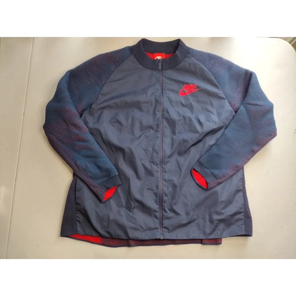 Nike Mens XL Full Zip Track Jacket Navy Blue Red Knit Sleeves Mock Neck
